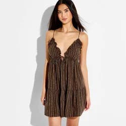 Women's Ruffle Triangle Cup Mini Babydoll Dress - Wild Fable™ Brown Striped M