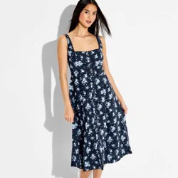 Women's Button-Front Midi A-Line Dress - Wild Fable™ Navy Blue Floral L