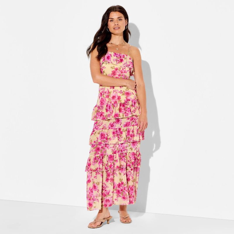 slide 1 of 3, Women's Flounce Tiered Maxi A-Line Dress - Wild Fable™ Yellow Floral XL, 1 ct