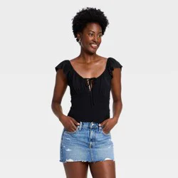 Women's Flutter Short Sleeve Smocked Knit Scoop Blouse - Universal Thread™ Black L