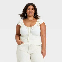Women's Flutter Short Sleeve Smocked Knit Scoop Blouse - Universal Thread™ Cream XXL