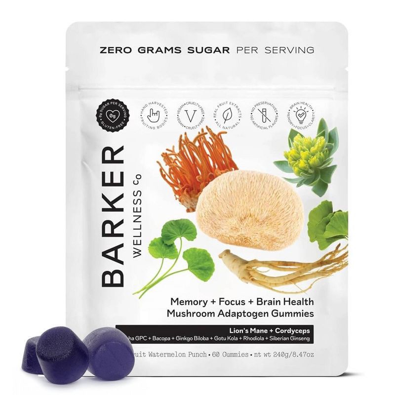slide 1 of 7, Barker Wellness Co Vegan Mushroom Adaptogen Memory + Focus + Brain Health Dietary Supplement Gummies - Watermelon Passion Fruit - 60ct, 60 ct