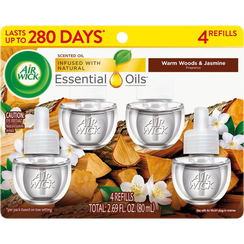 slide 1 of 9, Air Wick Scented Oil Air Freshener Refills - Warm Woods & Jasmine - 4ct: Electric, Woodsy, Jasmine, 4 ct