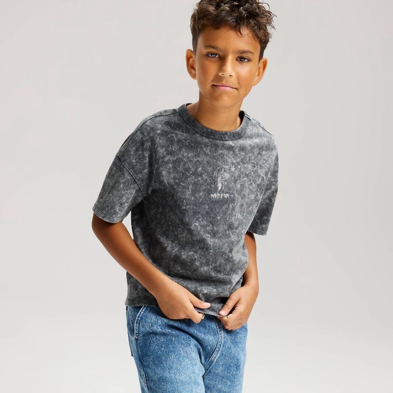 slide 1 of 4, Boys' Short Sleeve Spider-Man Acid Wash Oversized Graphic T-Shirt - Cat & Jack™ Charcoal Gray XL, 1 ct