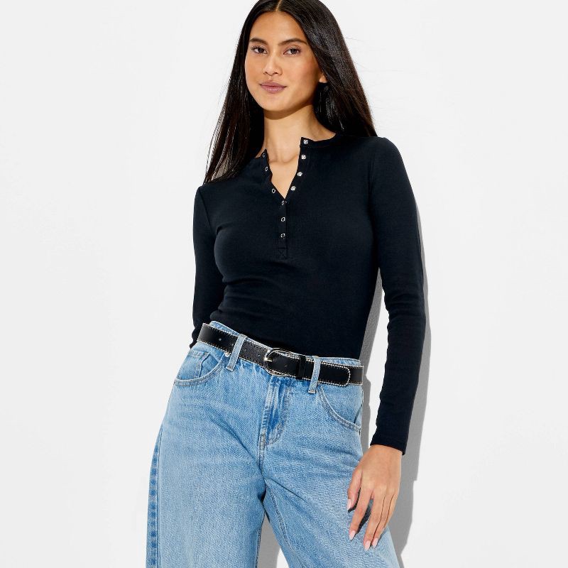slide 1 of 4, Women's Long Sleeve Ribbed Henley Shirt - Wild Fable™ Black XS, 1 ct
