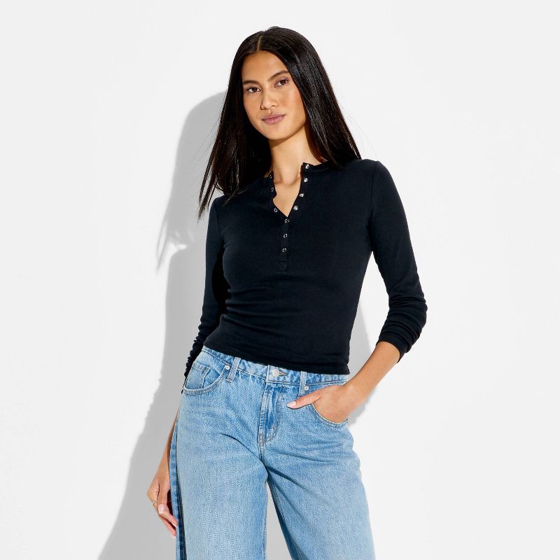 slide 2 of 4, Women's Long Sleeve Ribbed Henley Shirt - Wild Fable™ Black M, 1 ct