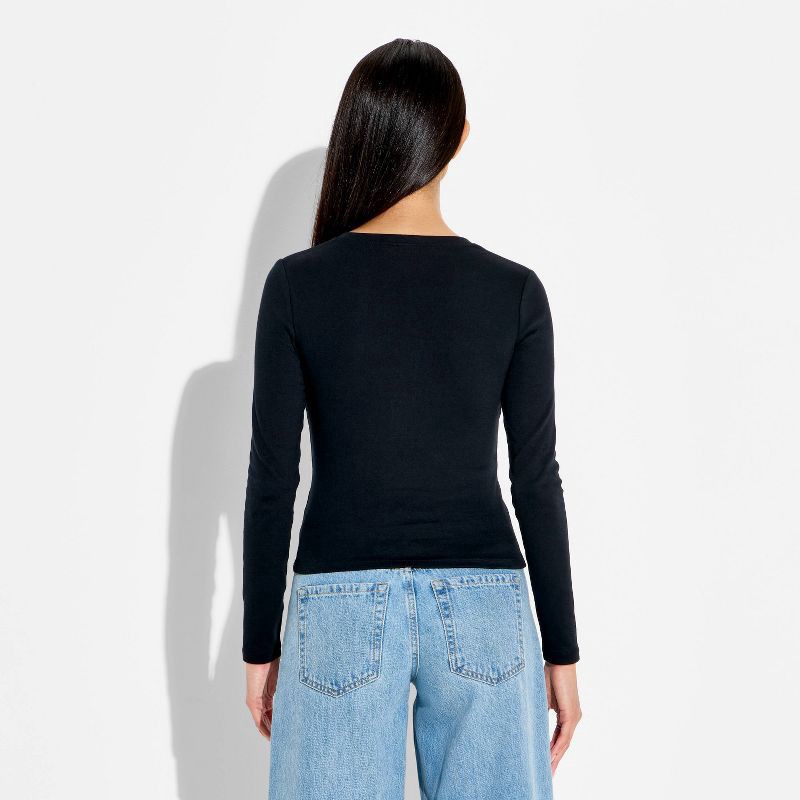 slide 3 of 4, Women's Long Sleeve Ribbed Henley Shirt - Wild Fable™ Black M, 1 ct