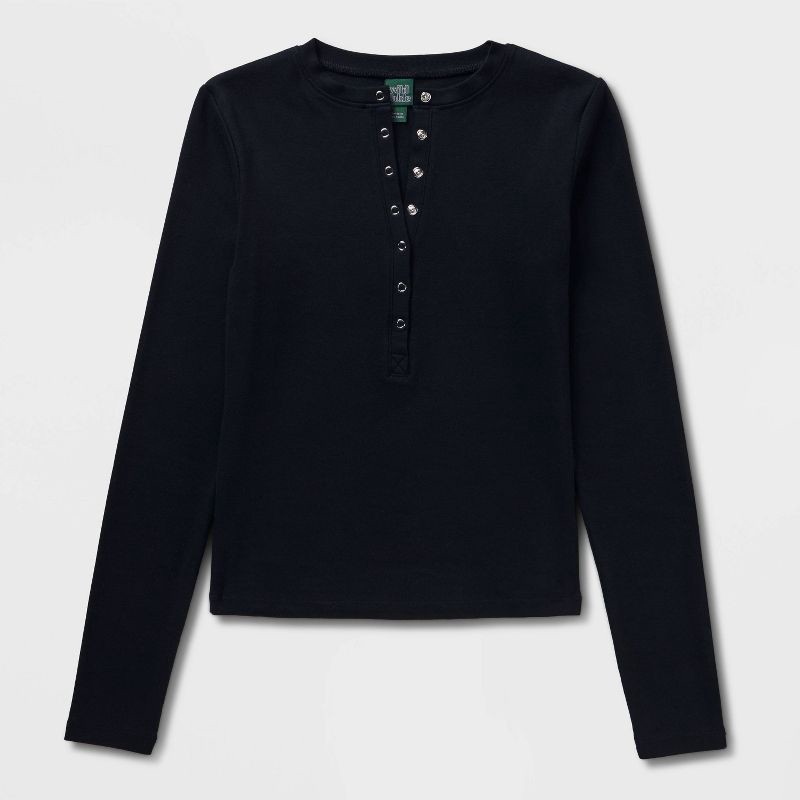 slide 4 of 4, Women's Long Sleeve Ribbed Henley Shirt - Wild Fable™ Black L, 1 ct
