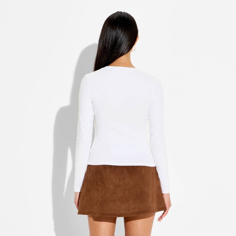 slide 3 of 4, Women's Long Sleeve Ribbed Henley Shirt - Wild Fable™ White M, 1 ct