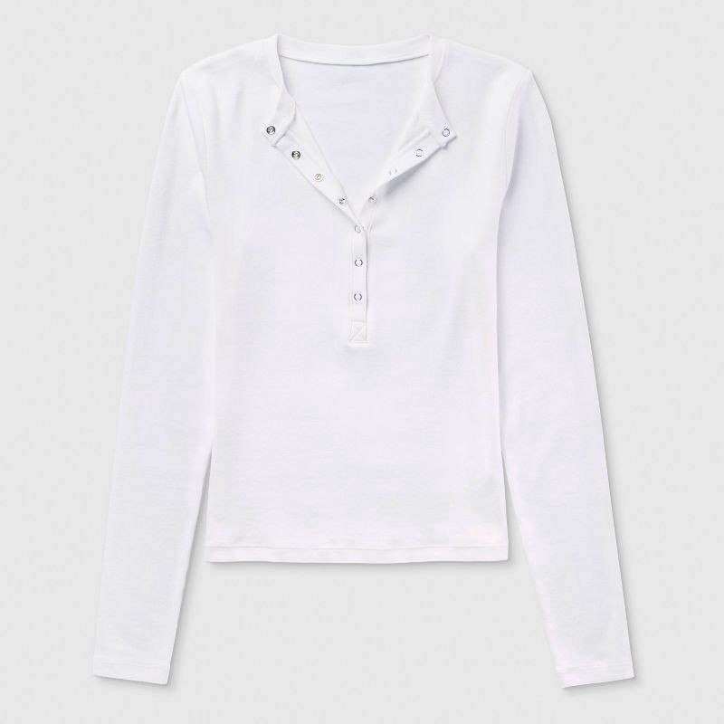 slide 4 of 4, Women's Long Sleeve Ribbed Henley Shirt - Wild Fable™ White M, 1 ct