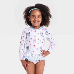 Toddler Girls' Bluey Ruffle Long Sleeve Rash Guard - White 5T