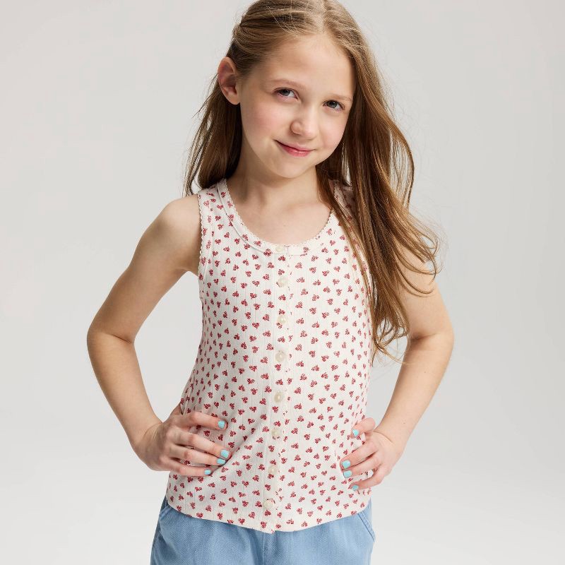 slide 1 of 3, Girls' Floral Printed Button Tank Top - Cat & Jack™ Cream S, 1 ct