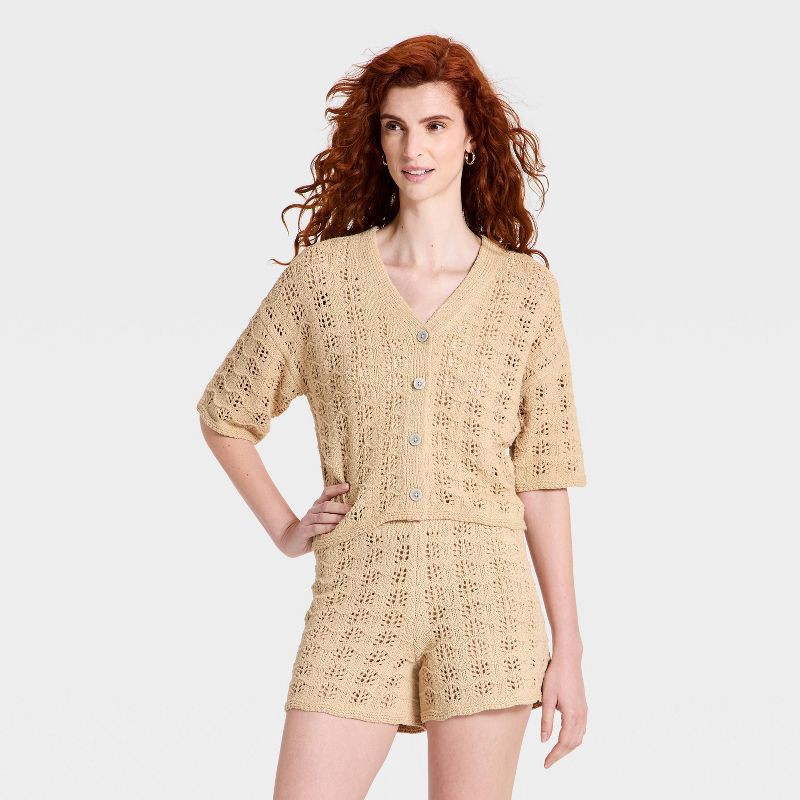 slide 1 of 3, Women's Short Sleeve Cardigan Sweater - Universal Thread™ Tan L, 1 ct
