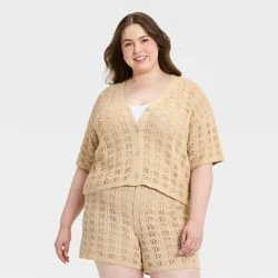Women's Short Sleeve Cardigan Sweater - Universal Thread™ Tan XXL