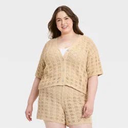Women's Short Sleeve Cardigan Sweater - Universal Thread™ Tan XXL