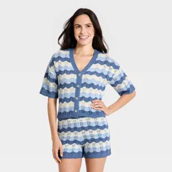 Women's Short Sleeve Cardigan Sweater - Universal Thread™ Blue Striped L