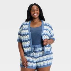 Women's Short Sleeve Cardigan Sweater - Universal Thread™ Blue Striped XXL