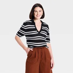 Women's Short Sleeve Polo Pullover Sweater Top - A New Day™ Black/White Striped S