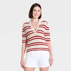 Women's Short Sleeve Polo Pullover Sweater Top - A New Day™ Cream/Red Striped S