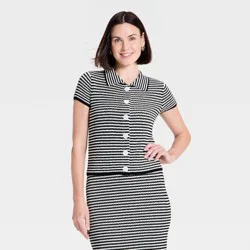 Women's Button-Up Collar Short Sleeve Sweater Top - A New Day™ Black/Cream Striped M