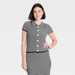 Women's Button-Up Collar Short Sleeve Sweater Top - A New Day™ Black/Cream Striped XL