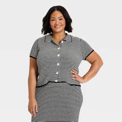 Women's Button-Up Collar Short Sleeve Sweater Top - A New Day™ Black/Cream Striped XXL