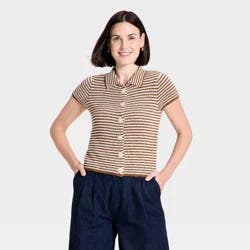 Women's Button-Up Collar Short Sleeve Sweater Top - A New Day™ Brown/Cream Striped M