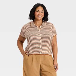 Women's Button-Up Collar Short Sleeve Sweater Top - A New Day™ Brown/Cream Striped XXL