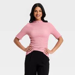 Women's Short Sleeve Mock Neck Textured Top - A New Day™ Pink XS