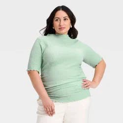 Women's Short Sleeve Mock Neck Textured Top - A New Day™ Light Green XXL