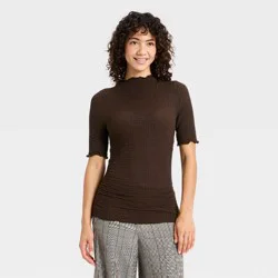 Women's Short Sleeve Mock Neck Textured Top - A New Day™ Brown S