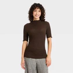 Women's Short Sleeve Mock Neck Textured Top - A New Day™ Brown S