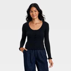 Women's Ruffle Scoop Neck Cardigan - A New Day™ Black M
