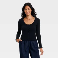 Women's Ruffle Scoop Neck Cardigan - A New Day™ Black L
