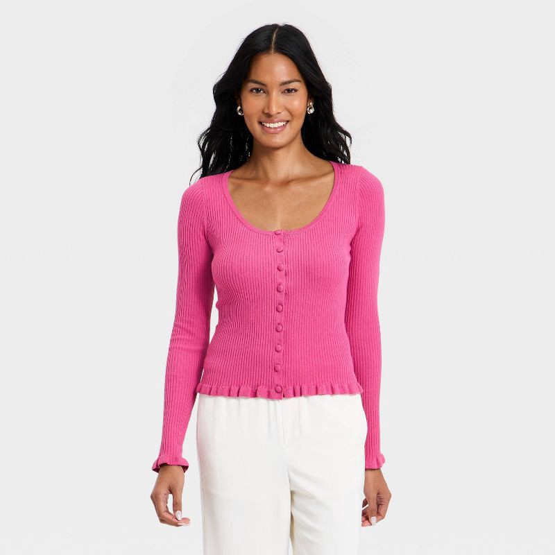 slide 1 of 3, Women's Ruffle Scoop Neck Cardigan - A New Day™ Dark Pink M, 1 ct