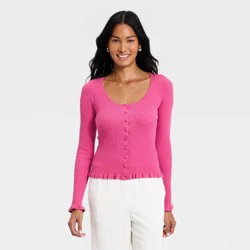 Women's Ruffle Scoop Neck Cardigan - A New Day™ Dark Pink M