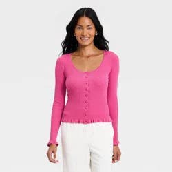 Women's Ruffle Scoop Neck Cardigan - A New Day™ Dark Pink L