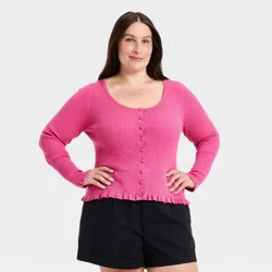 Women's Ruffle Scoop Neck Cardigan - A New Day™ Dark Pink XXL