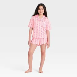 Girls' Short Sleeve Button-Up Pajama Set - art class™ Pink L