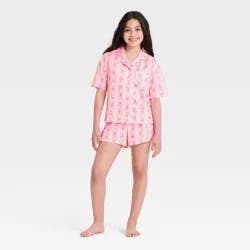 Girls' Short Sleeve Button-Up Pajama Set - art class™ Pink L