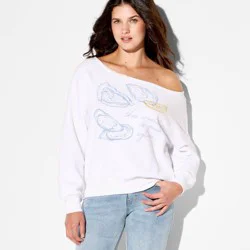 Mighty Fine Women's World Is Your Oyster Off The Shoulder Graphic Pullover Sweatshirt - White L