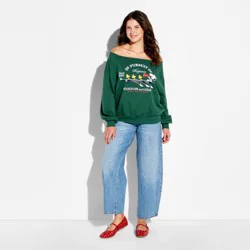 Women's Peanuts Off The Shoulder Graphic Pullover Sweatshirt - Dark Green XL