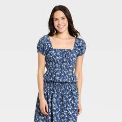 Women's Short Sleeve Printed Blouse - Universal Thread™ Blue Floral XL