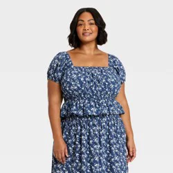 Women's Short Sleeve Printed Blouse - Universal Thread™ Blue Floral XXL