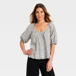 Women's Puff Short Sleeve Button-Up Peasant Top - Universal Thread™ Gray Plaid L