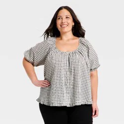 Women's Puff Short Sleeve Button-Up Peasant Top - Universal Thread™ Gray Plaid XXL