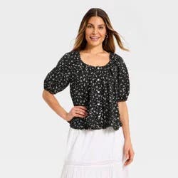 Women's Puff Short Sleeve Button-Up Peasant Top - Universal Thread™ Black Floral S