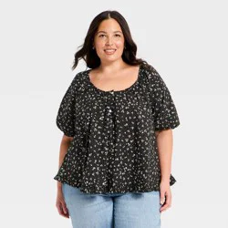Women's Puff Short Sleeve Button-Up Peasant Top - Universal Thread™ Black Floral XXL