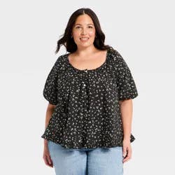 Women's Puff Short Sleeve Button-Up Peasant Top - Universal Thread™ Black Floral XXL