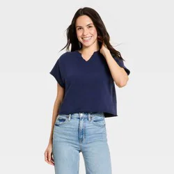 Women's Short Sleeve Leisure Split Neck T-Shirt - Universal Thread™ Navy Blue M